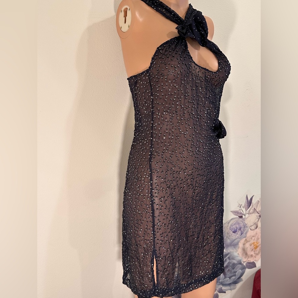 New Coperni Crossover Halter Neck Mini Dress in Dark Navy mesh sheer sparkle - Picture 8 of 10